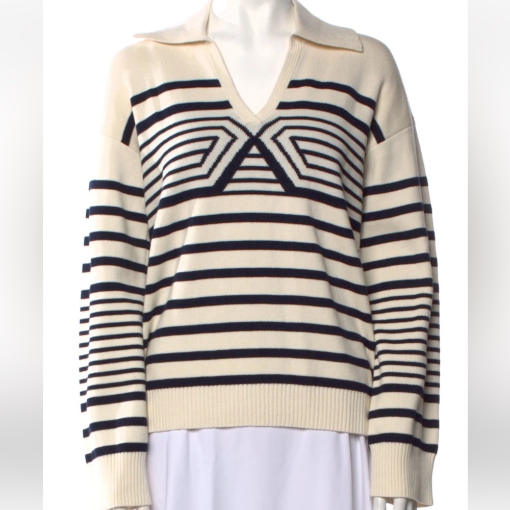 La Ligne Cream and Black striped V-Neck Sweater